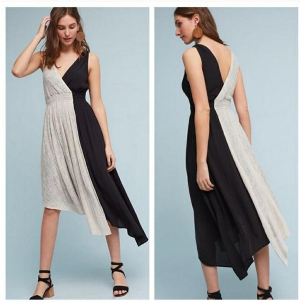 Maeve Elisabel Midi Asymmetrical Dress Black Cream Women's XS Petite‎